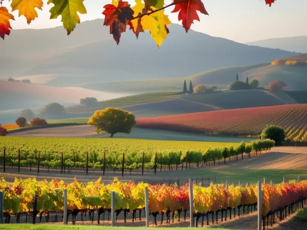 Adaptaciones en viticultura al cambio climático: viñedo minimalista con colores otoñales, neblina en colinas y cielo sereno reflejando estaciones