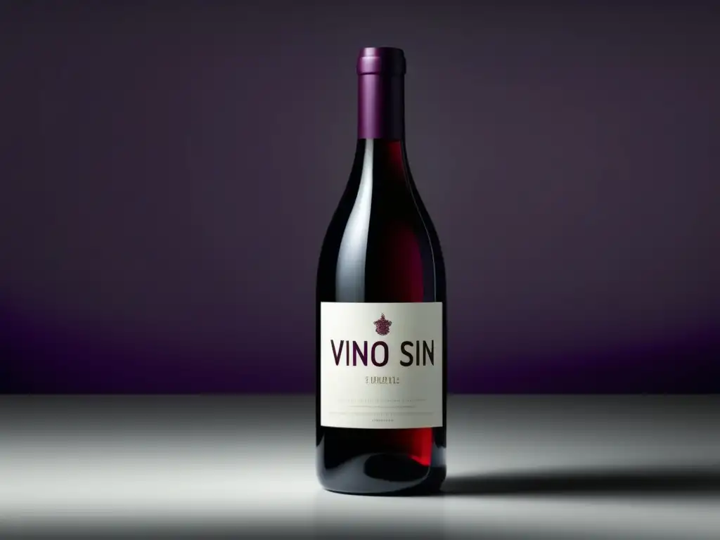 Vino sin alcohol: elaboración y proceso, botella minimalista con líquido púrpura y etiqueta elegante