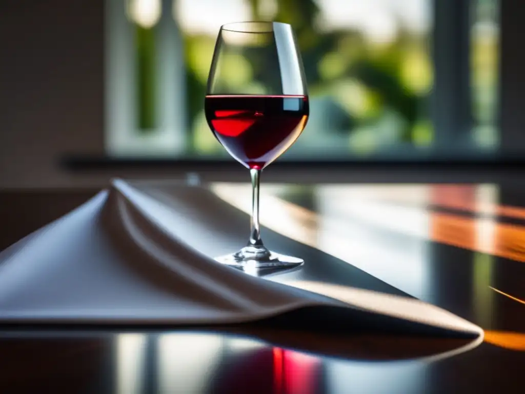 Ambiente elegante y sofisticado con una mesa de madera, copa de vino y botella plateada