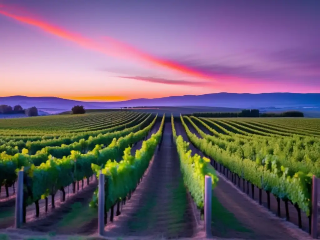 Vino Antiguo Egipto: Viñedo minimalista al atardecer, con filas de vides alineadas creando un paisaje sereno y pintoresco