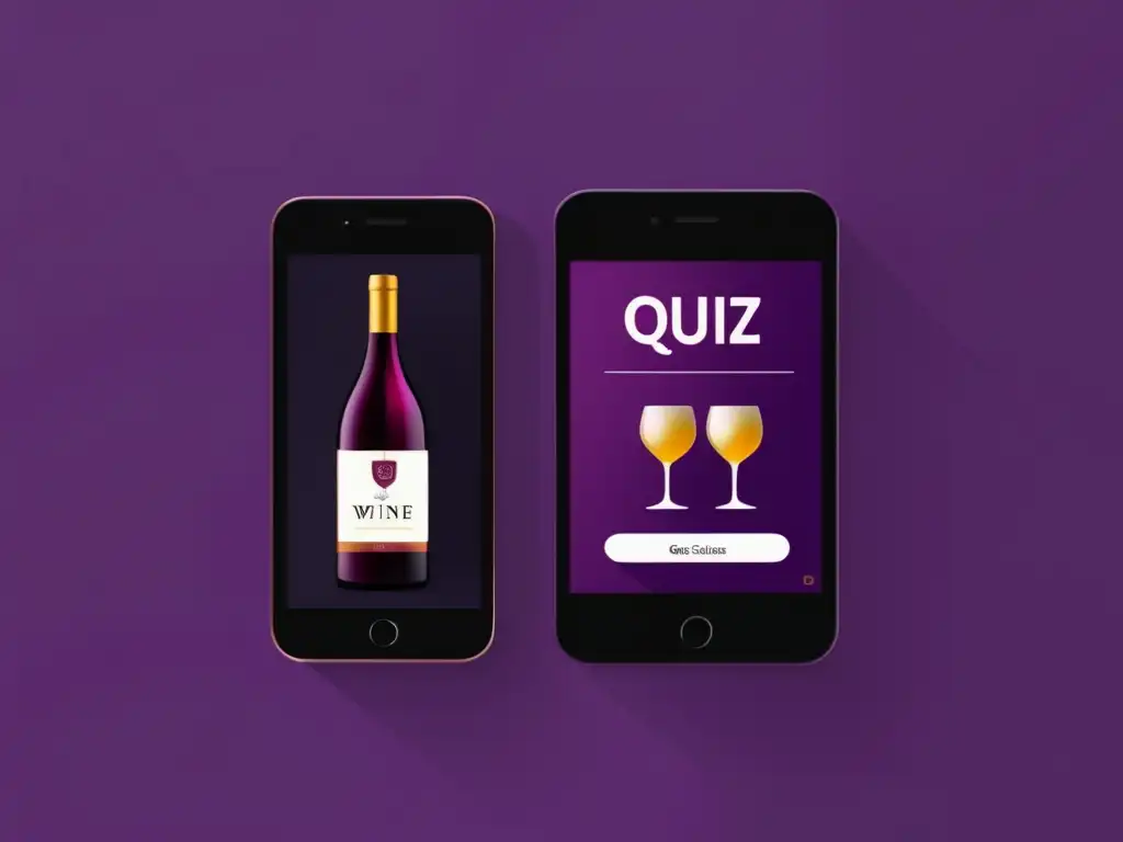 Aplicaciones de gamificación en vinos: pantalla minimalista de app quiz con iconos de botellas de vino y progreso de usuario