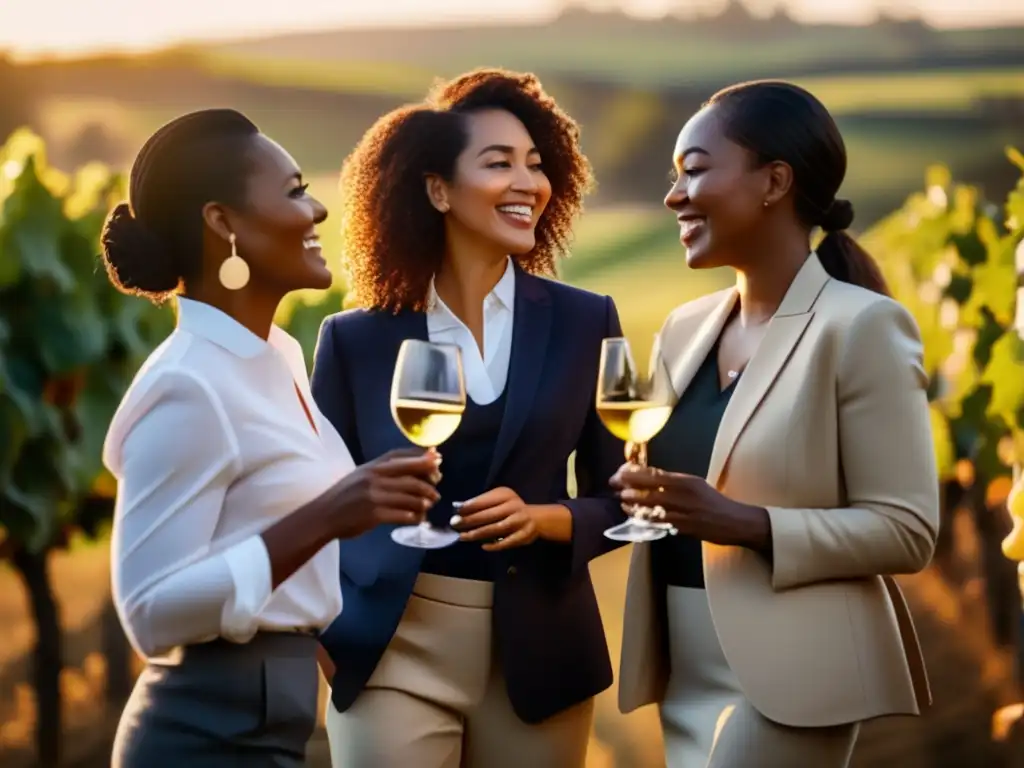 Apoyo femenino en la enología: mujeres diversas en un viñedo, mostrando empoderamiento y camaradería