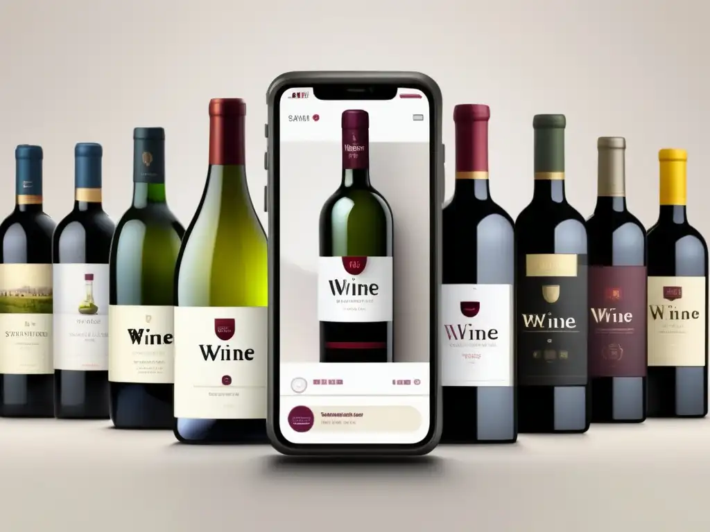 App móvil de redes sociales para enófilos: pantalla minimalista con diseño elegante, botones de navegación y botellas de vino con etiquetas diferentes