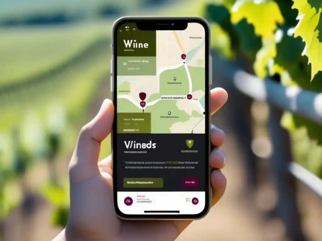 App geolocalización viñedos origen vino - Interfaz minimalista de app de vinos con mapa destacando ubicaciones de viñedos y base de datos actualizada