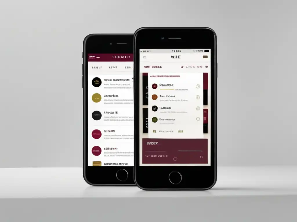 App de puntuación y reseñas de vinos: interfaz minimalista con búsqueda, ratings y reseñas de expertos y usuarios