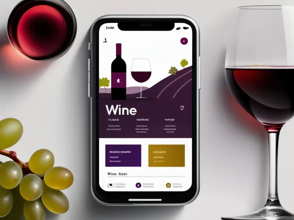 App sommelier para entender vinos - Interfaz minimalista de una app de vinos con perfiles detallados, notas de cata y maridajes