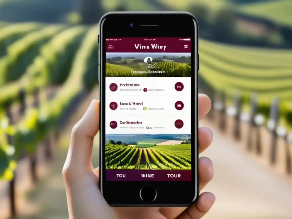 App tour regiones vinícolas: pantalla minimalista de app de cata de vinos, moderna y sofisticada