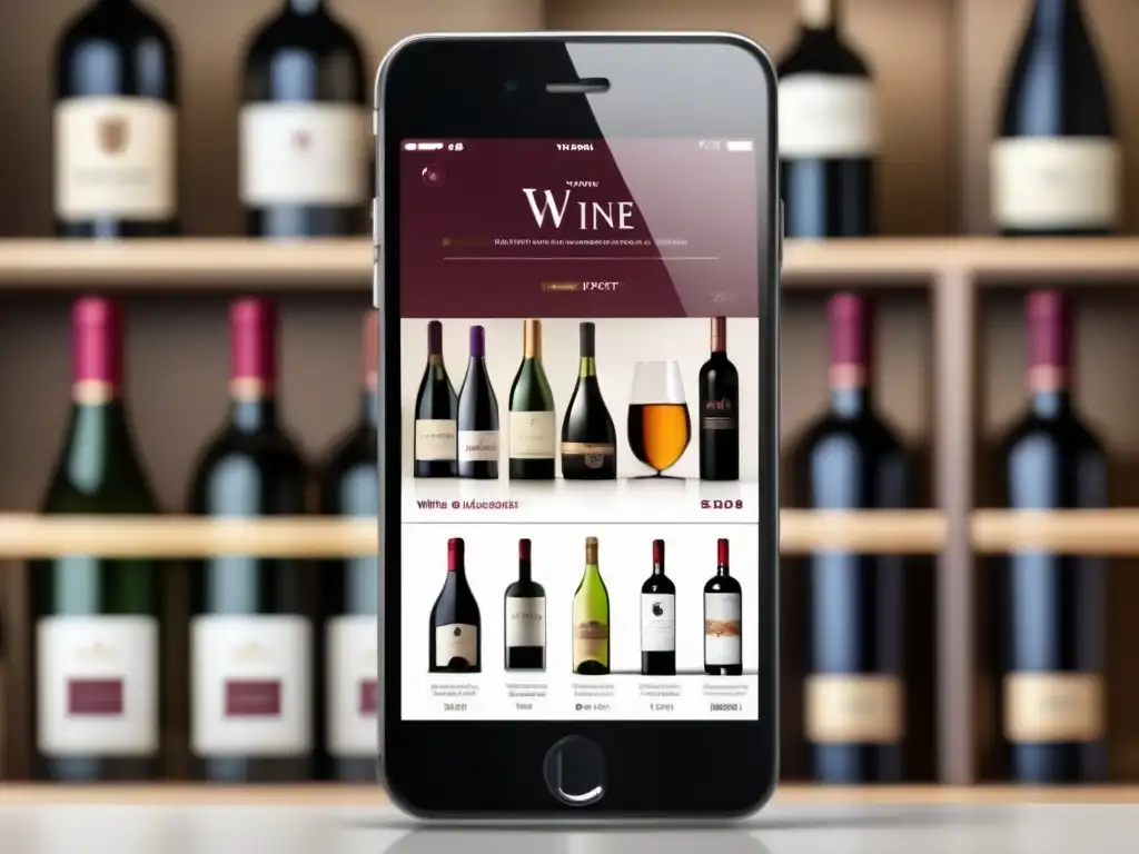 App vinos: pantalla minimalista de smartphone con catálogo, recomendaciones, bodega virtual y buscador