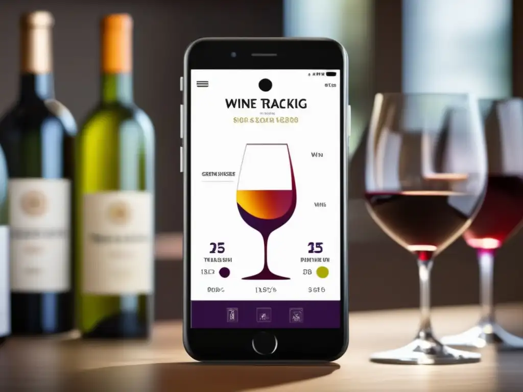 Apps seguimiento maduración vino - Visualización elegante de app de seguimiento de vinos con gráficos nítidos y colores vibrantes