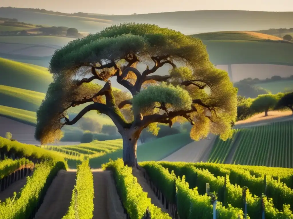 Innovación corcho: árbol de corcho en paisaje sereno, destacando su belleza natural y relación con el vino