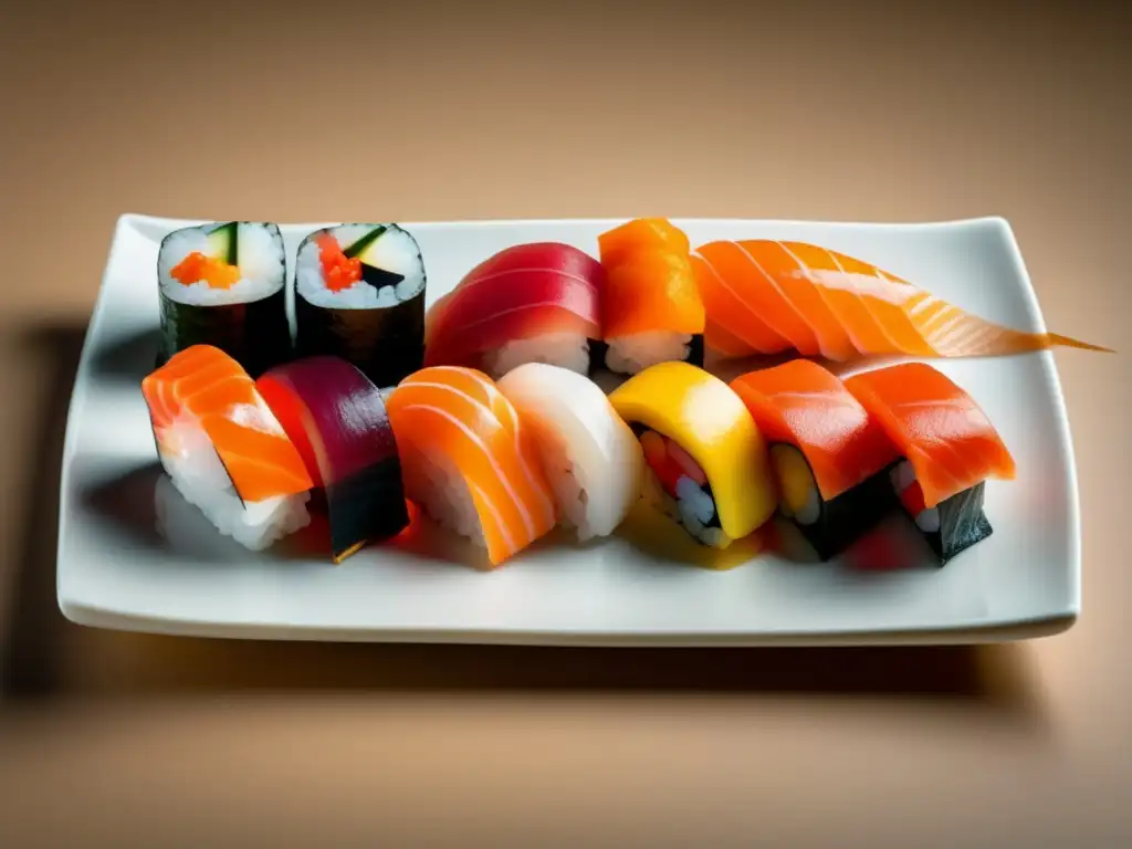 Armonías vino sushi sashimi: Una composición minimalista de sushi y sashimi con variedad de rolls, nigiri y sashimi en un plato blanco