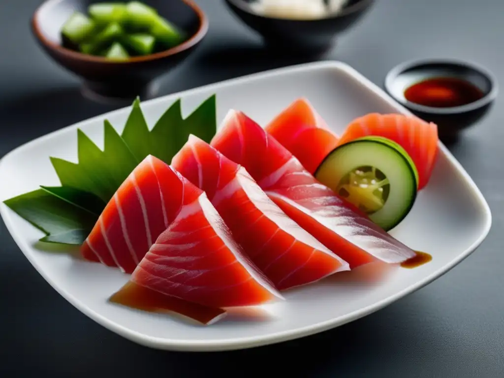 Armonías vino sushi sashimi: sashimi de atún rojo con pepino y presentación minimalista