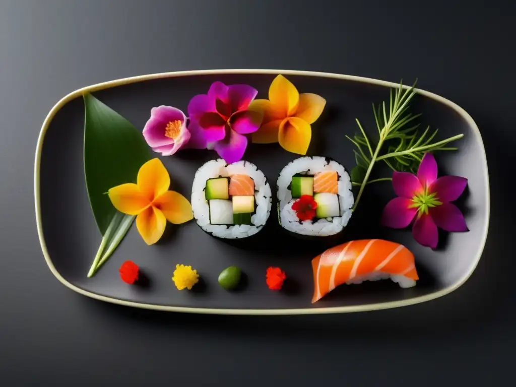 Armonías vino sushi sashimi: Plato blanco con sushi y sashimi elegantes, arreglados con precisión y adornados con hierbas y flores comestibles