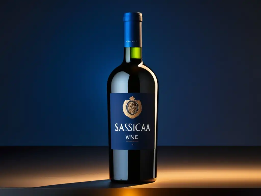 Armoniosa imagen de una botella de vino Sassicaia en superficie negra, con logo icónico y luz suave, resaltando su forma, color y elegancia