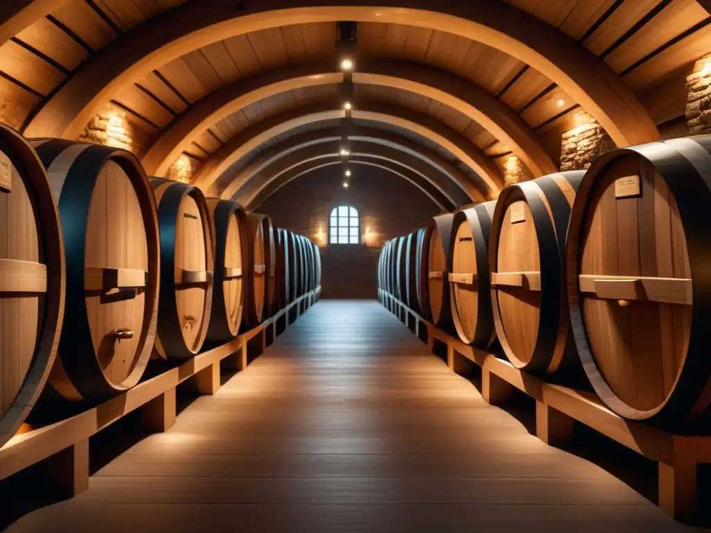 Aromas madera cata barricas, ambiente cálido y elegante de bodega con barricas de roble