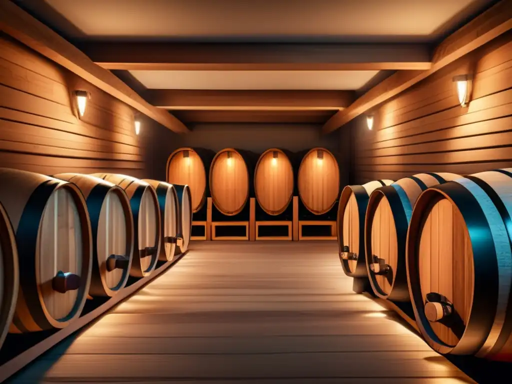 Aromas madera cata barricas, bodega vinos elegante, iluminación suave, texturas y colores únicos, ambiente sereno