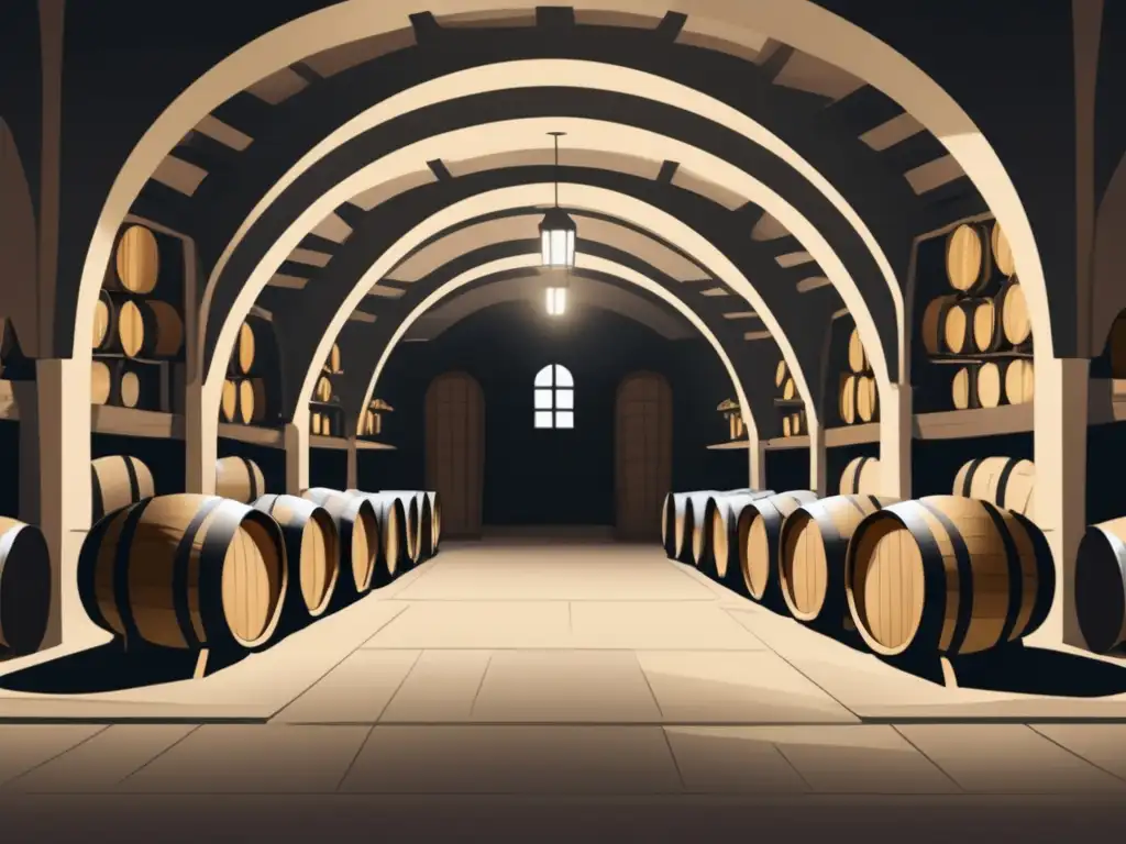 Arte de las bodegas europeas: Bodega subterránea con barriles de madera, techos abovedados y paredes de piedra