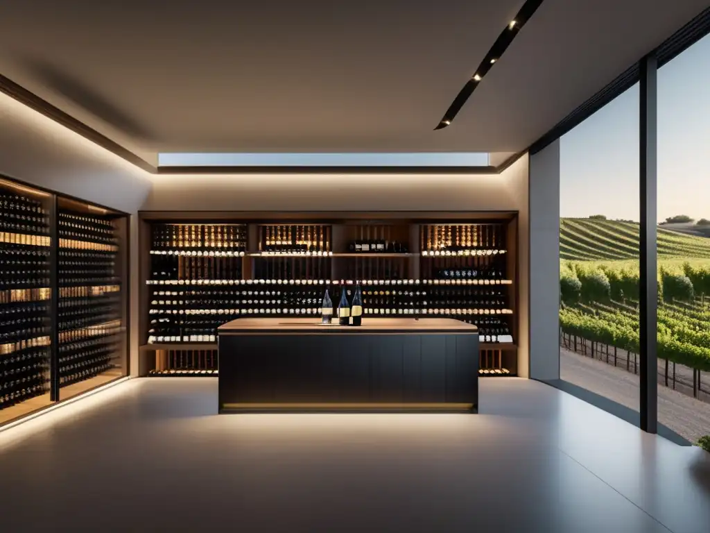 Arte de las bodegas europeas en un diseño arquitectónico minimalista con barriles de roble y ventanales de vidrio