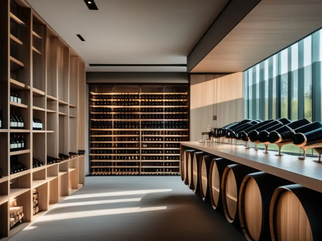 Arte de las bodegas europeas: Espacio minimalista y elegante con barriles de madera y diseño sostenible