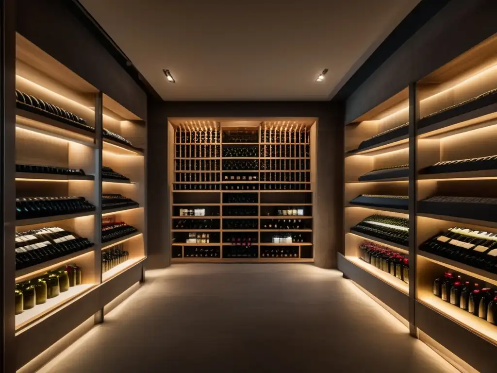 Arte bodegas europeas: diseño minimalista, estanterías alineadas con botellas de vino y elegante iluminación