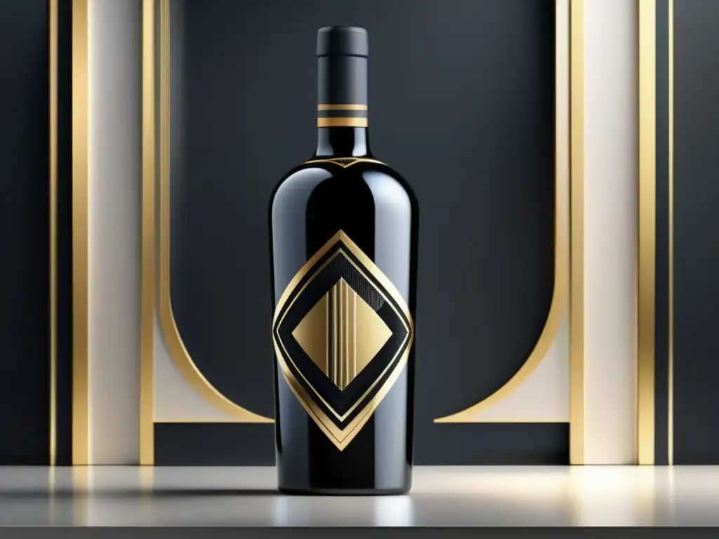 Arte Deco y Vino: Representación Artística - Botella de vino Art Deco en negro y dorado, con fondo geométrico