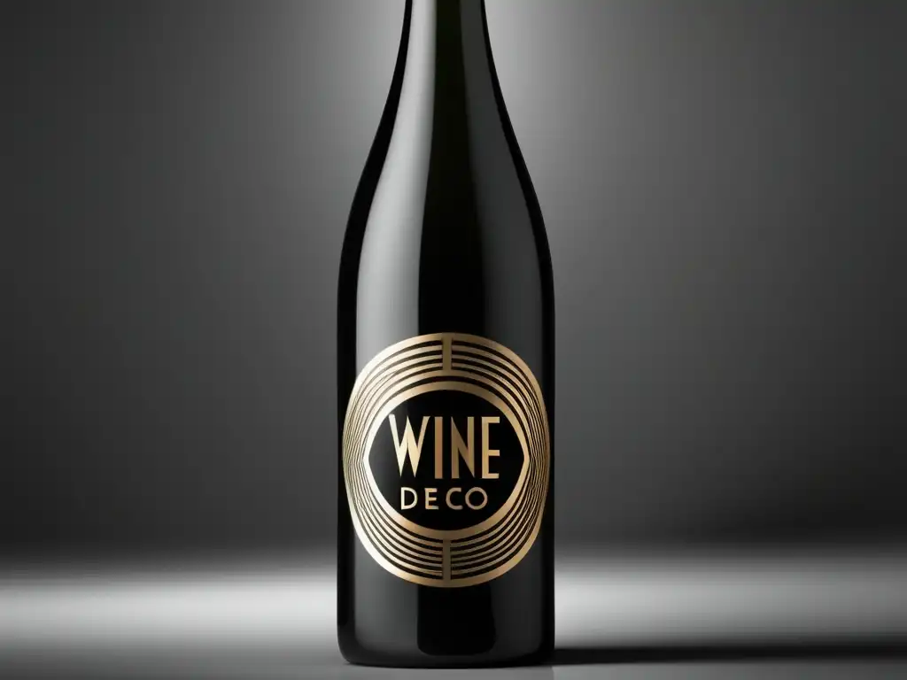 Arte Deco y Vino: Representación Artística - Botella elegante y minimalista de vino, con líneas limpias, patrones geométricos y etiqueta sofisticada