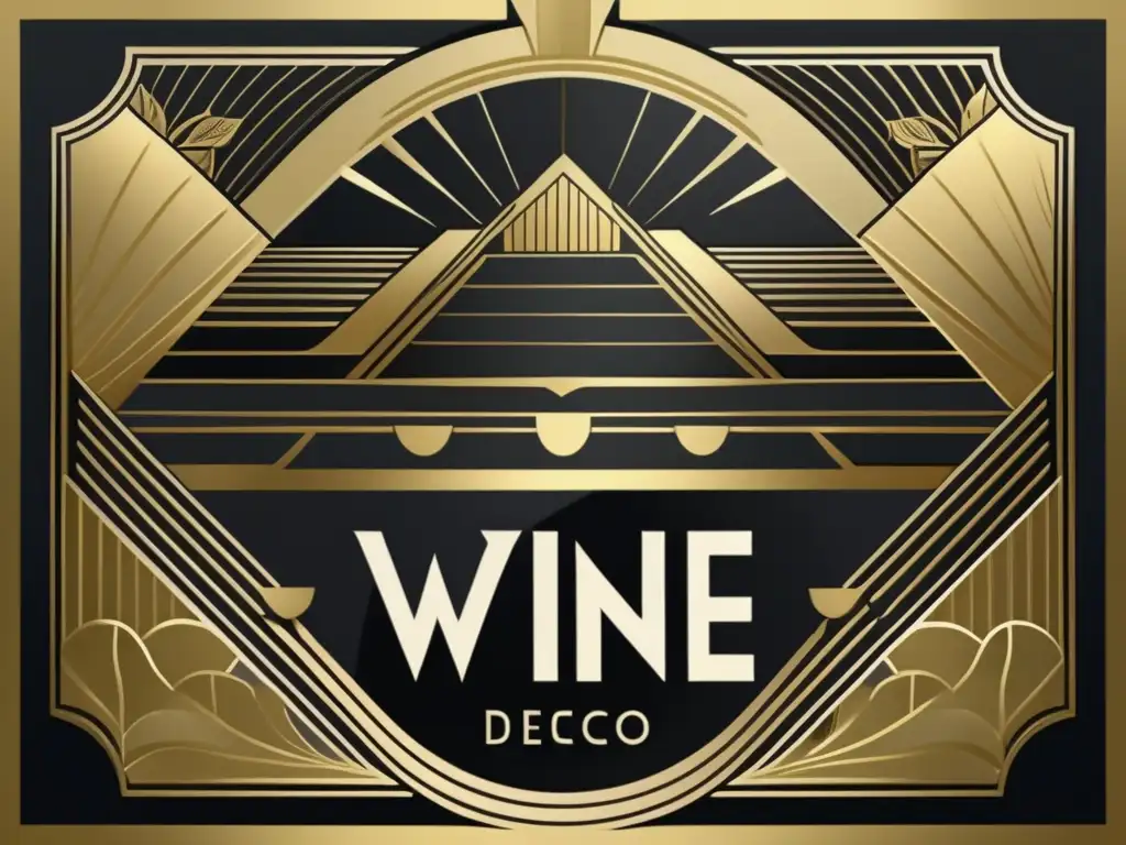 Representación artística de un diseño minimalista de etiqueta de vino de estilo art deco con elementos geométricos en oro y plata