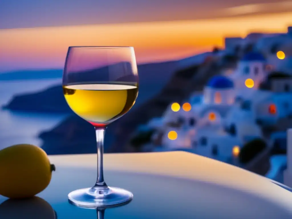 Vino Assyrtiko de Santorini en una copa blanca frente a un atardecer impresionante