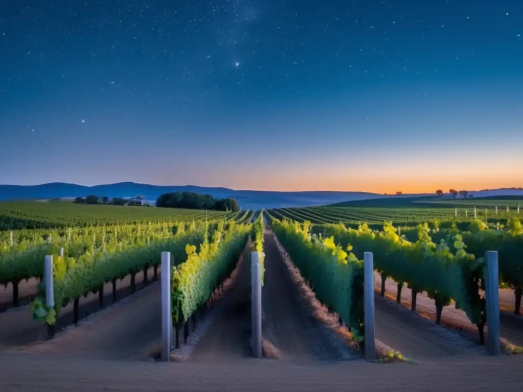 Astrología en la viticultura: viñedo al atardecer, estrellas destacan la conexión celestial con la fermentación y envejecimiento del vino