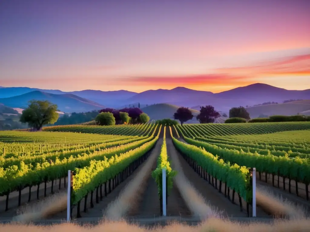 Guía enoturismo Napa Valley Film: Atardecer sereno en Napa Valley, con viñedos dorados y paisaje pintoresco