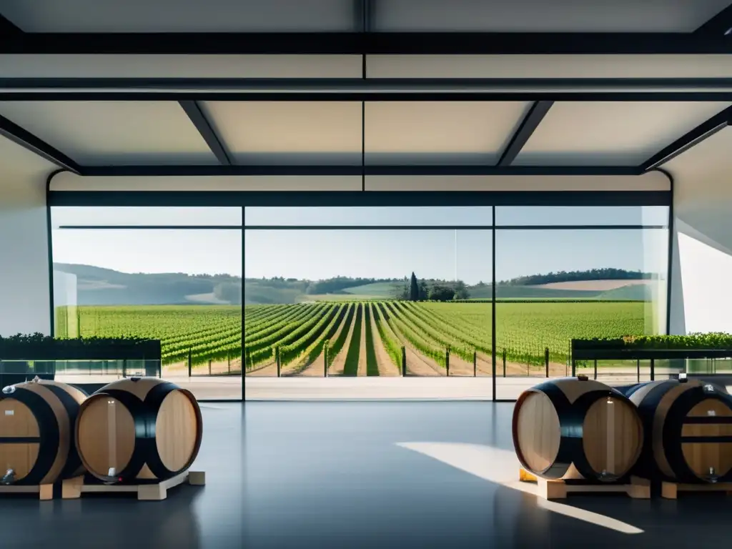 Avances tecnológicos para vino vegano en una bodega futurista rodeada de viñedos sostenibles y equipada con tecnología de punta