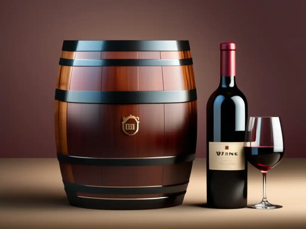 Barril de vino de madera oscura con vino rojo, reflejos dorados y luz cálida