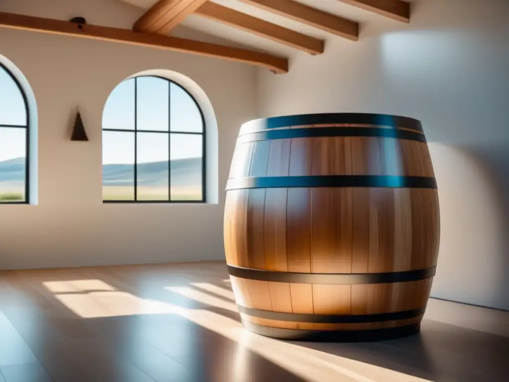 Barril de vino moderno en una habitación minimalista con luz natural