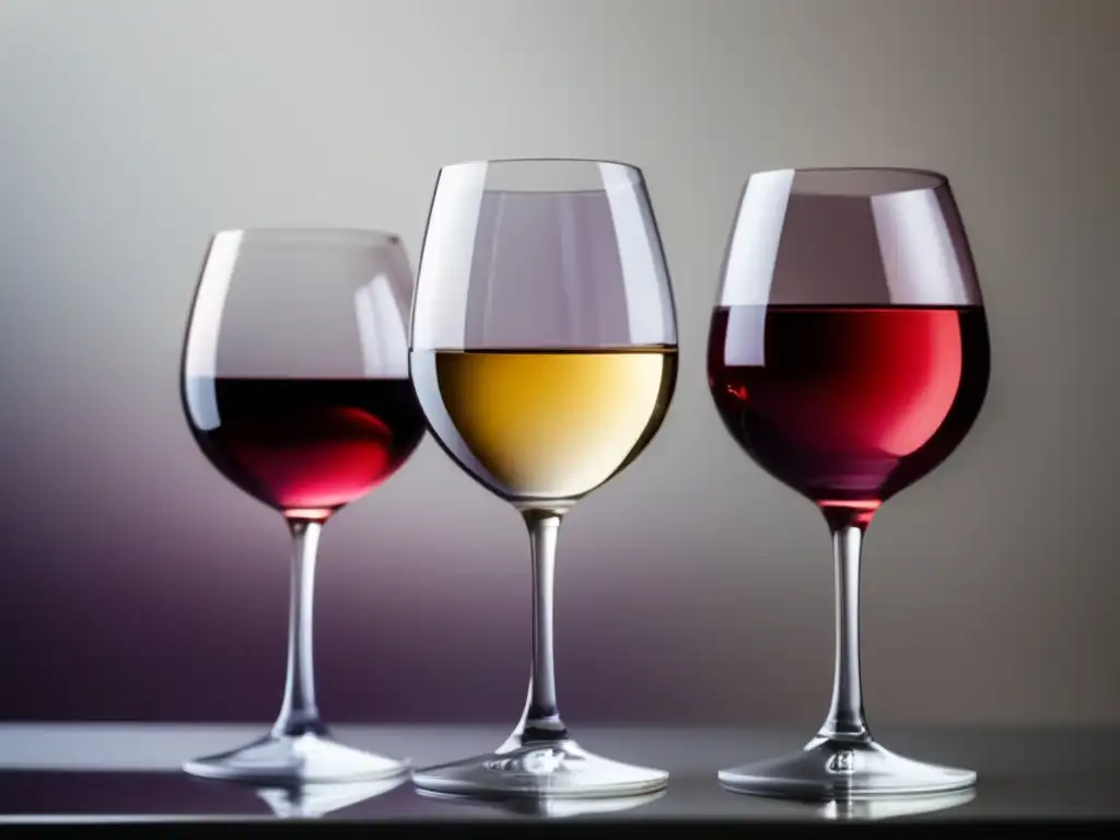 Guía básica de vinos: tres copas con vino tinto, blanco y rosado, en mesa elegante y fondo blanco