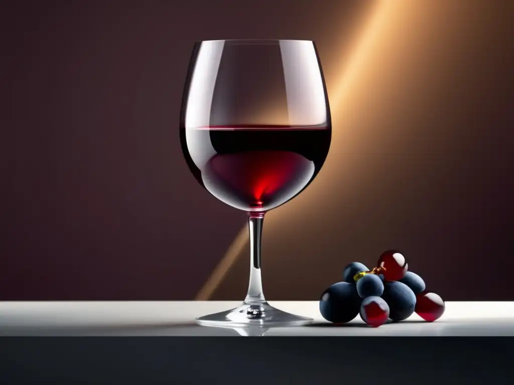 Beneficios antioxidantes vino cuerpo: imagen elegante de una copa de vino rojo con uvas frescas, transmitiendo pureza y simplicidad