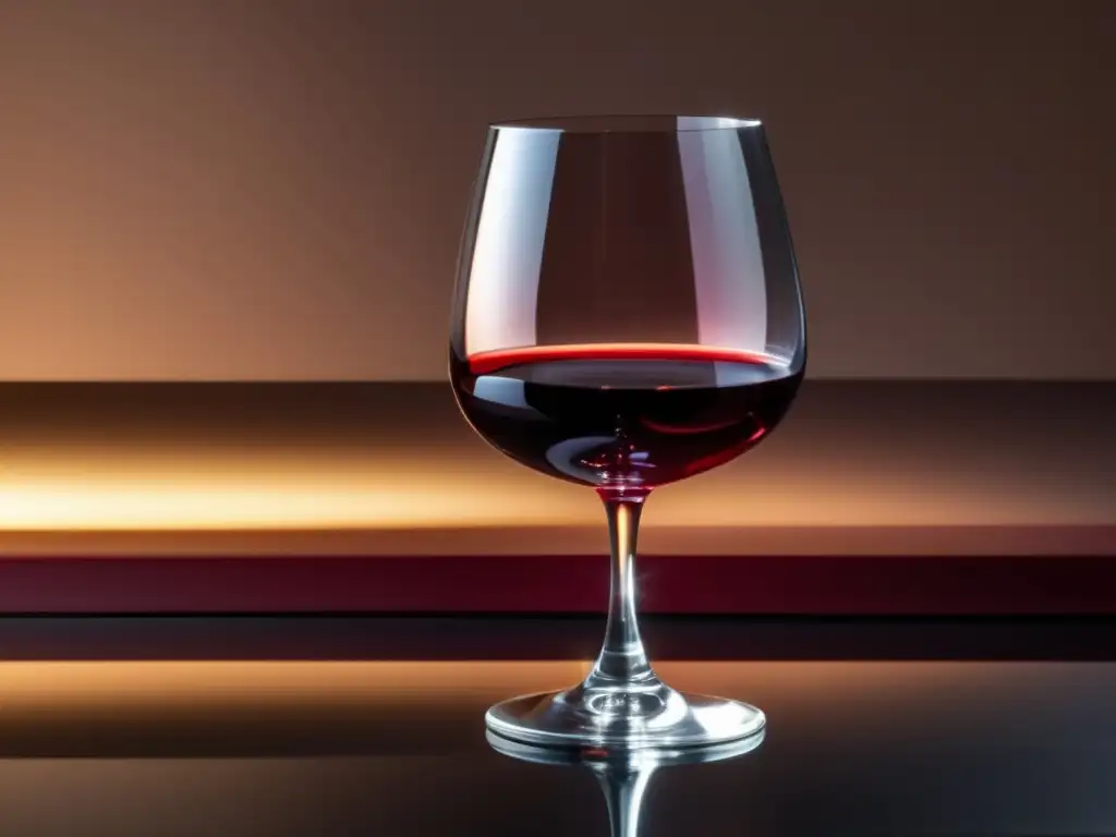 Beneficios del consumo moderado de vino: Copa de vino cristalina, iluminada por una suave luz cálida, sobre superficie reflectante