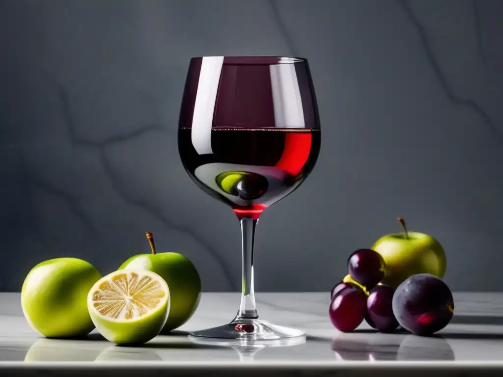 Beneficios del detox postmaridajes con vino: mesa blanca, copa de vino tinto y frutas y verduras frescas