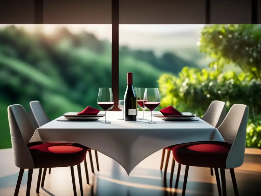 Beneficios vino en dieta antiinflamatoria, imagen elegante con mesa de comedor minimalista y copa de vino rojo