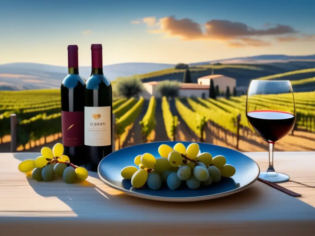 Beneficios de la dieta mediterránea y el vino: paisaje sereno con viñedos, sol dorado, mesa con vino tinto, aceitunas y uvas