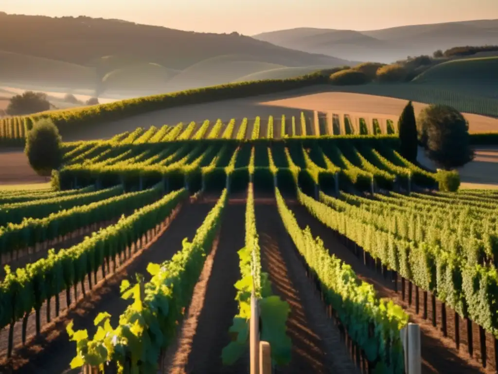 Beneficios y diferencias de vinos naturales en una imagen de un viñedo al amanecer