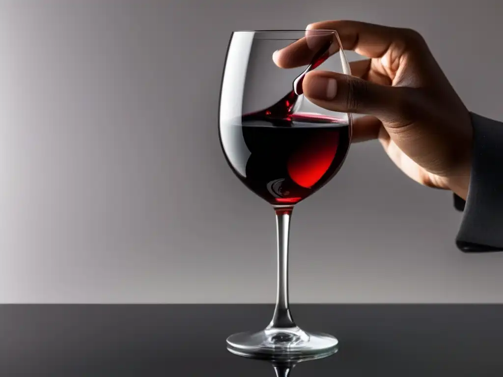 Beneficios vino piel: copa elegante, vino rojo intenso, luz suave, reflejos, gotas