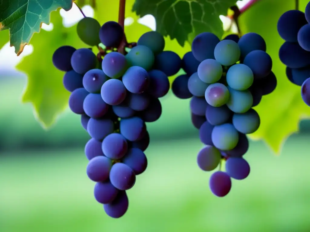 Beneficios de enzimas en la vinificación: racimo de uvas maduras con hojas verdes vibrantes