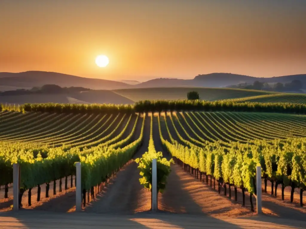 Beneficios enzimas en vinificación: viñedo sereno con filas perfectas de uvas doradas al atardecer