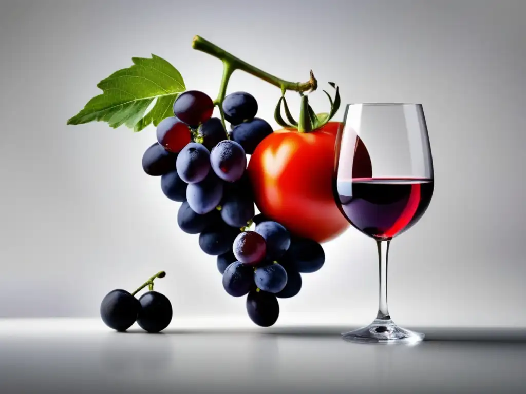 Beneficios dieta mediterránea y vino: imagen minimalista destaca esencia dieta, tomate corazón, uvas moradas, vaso de vino dorado