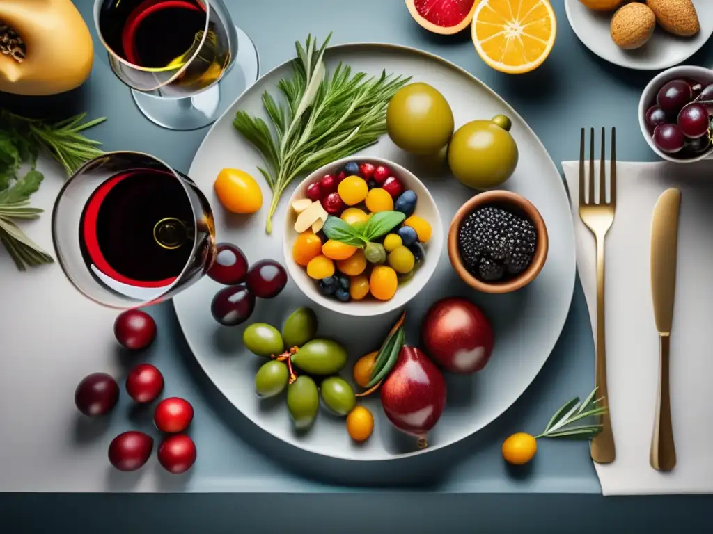 Beneficios dieta mediterránea y vino: mesa abundante con alimentos saludables y copa de vino