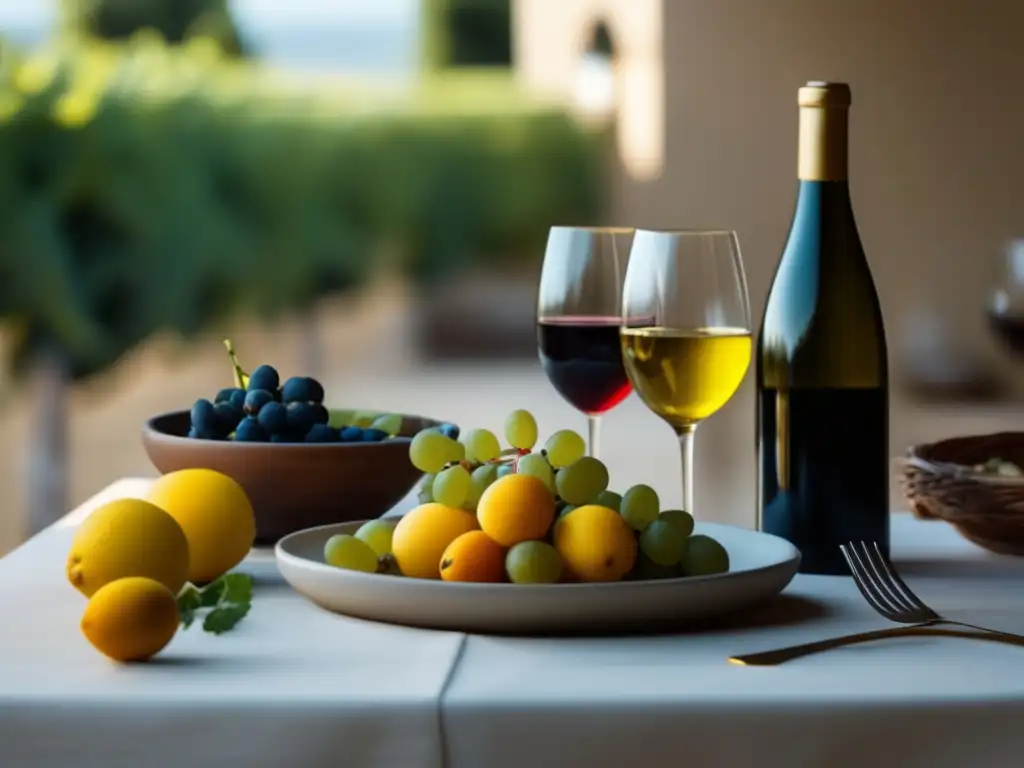 Beneficios dieta mediterránea y vino: Mesa elegante con frutas, uvas rojas, naranjas jugosas, fresas, vino tinto y ambiente mediterráneo