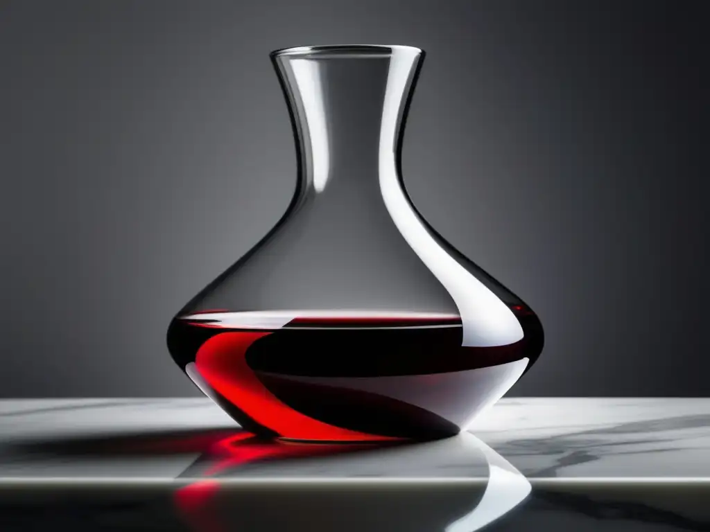 Beneficios decantación vino: Imagen minimalista de un decantador transparente con vino rojo vibrante en una encimera de mármol blanco