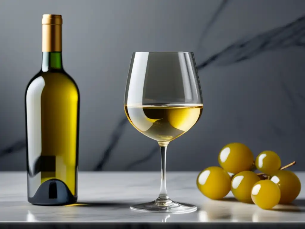 Beneficios y mitos de la dieta del vino: Una composición minimalista muestra un elegante vaso de vino dorado sobre una encimera de mármol