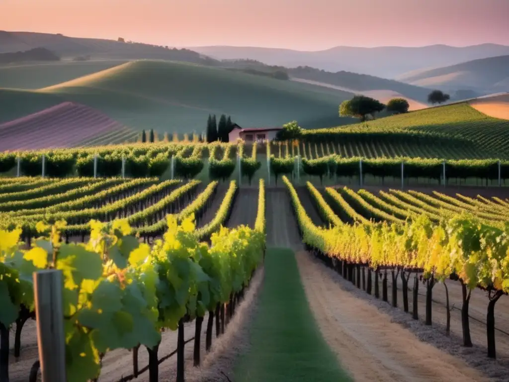 Beneficios de la música en la vitivinicultura: Viñedo sereno al atardecer con colores suaves y belleza natural