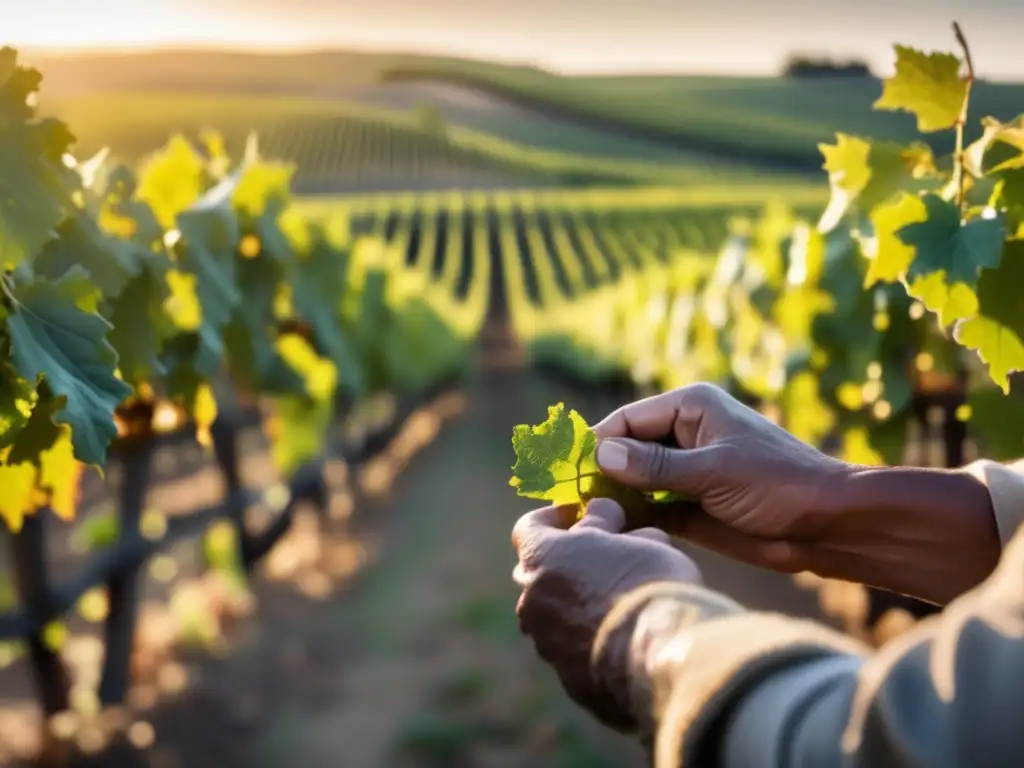 Beneficios vinificación natural: Sereno viñedo dorado, manos cuidan vides verdes, conexión con naturaleza, armonía y tranquilidad